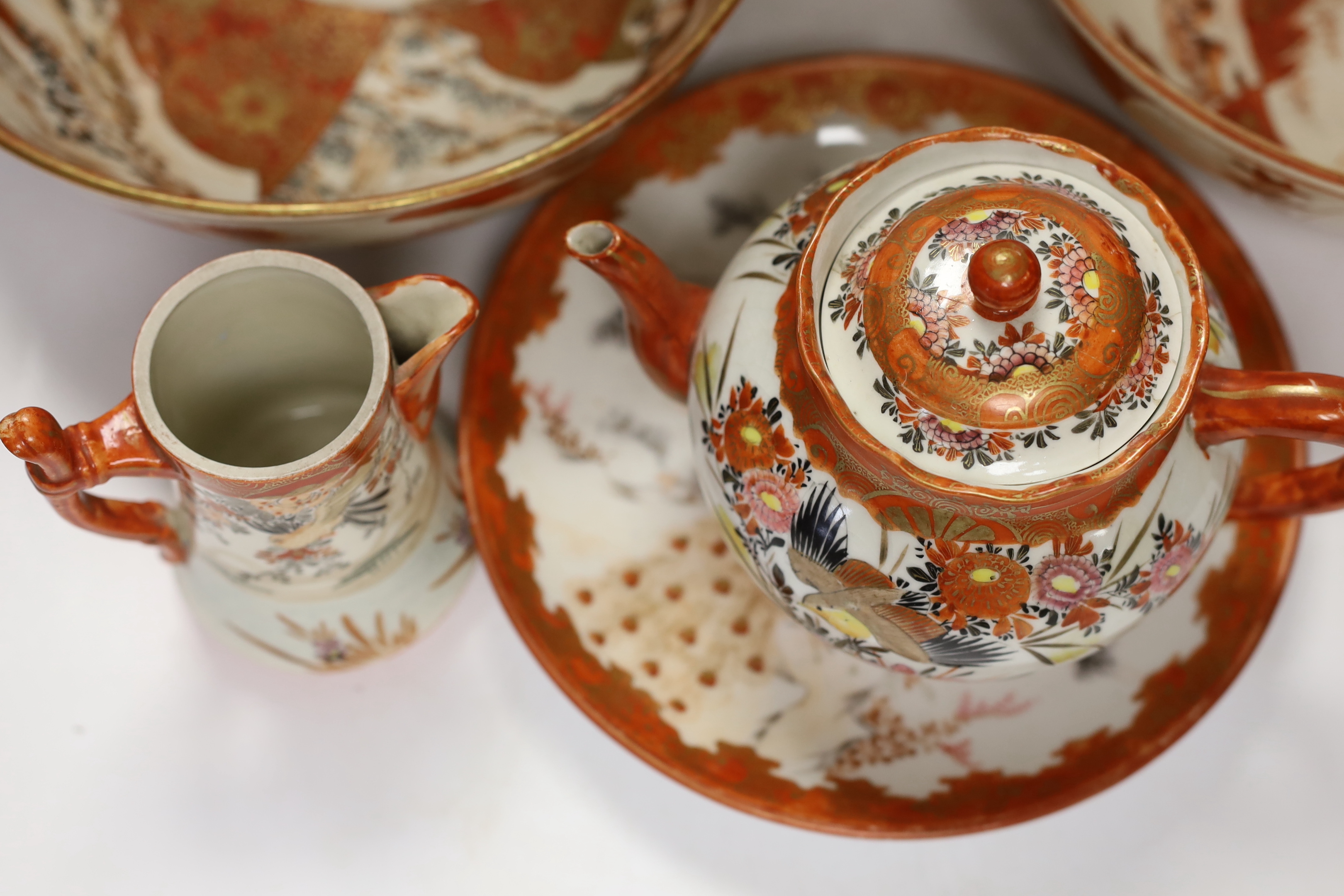 A group of Japanese Kutani porcelain wares including two bowls and a large vase, largest 34cm high